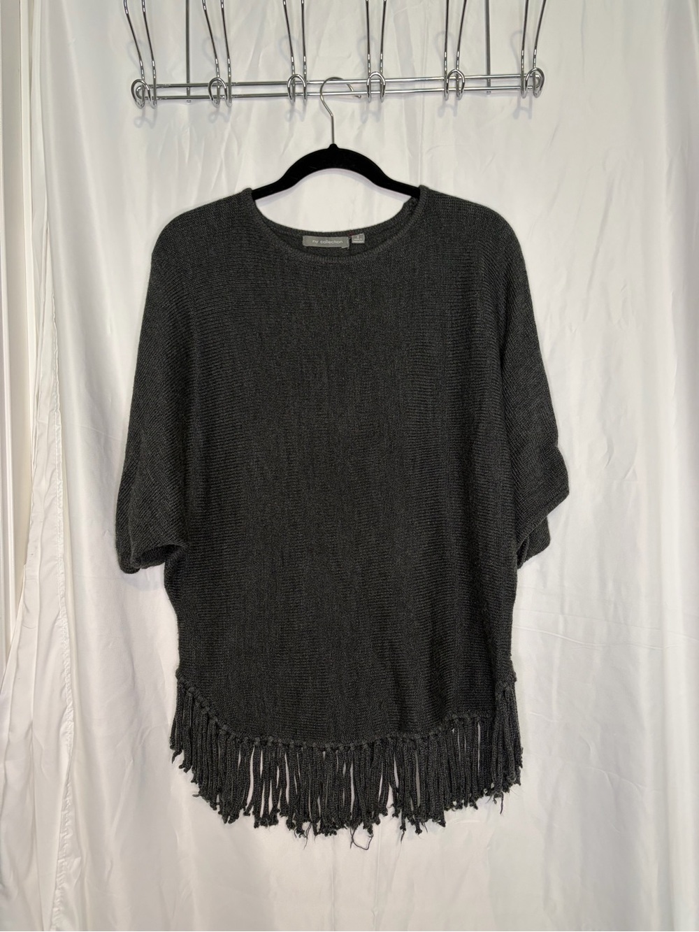 NY Collection Black Fringe-Hem Knit Poncho